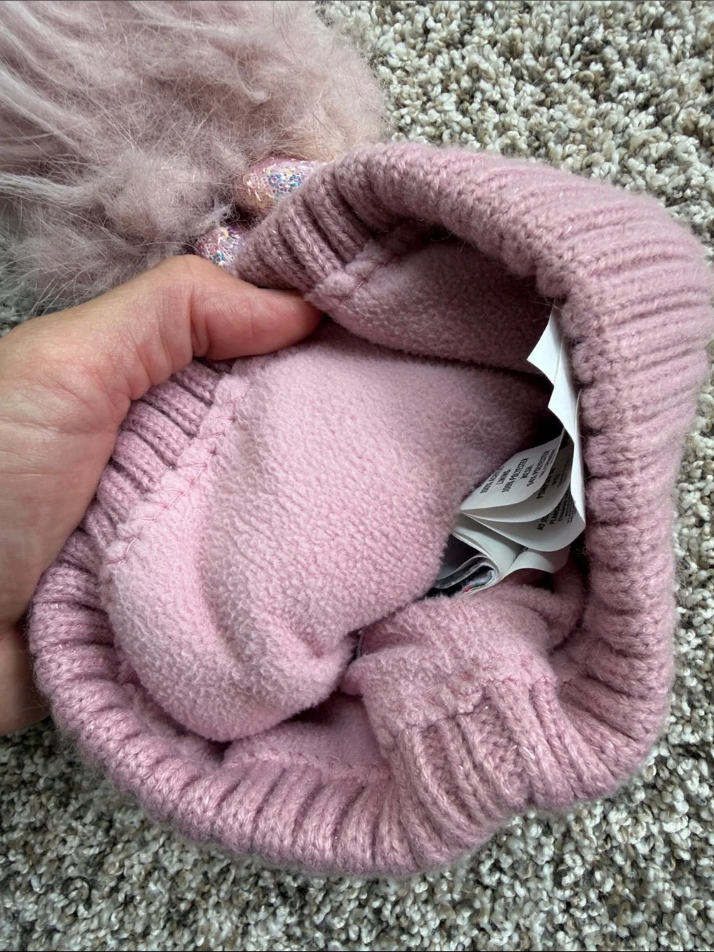 Children's Place Pink Sequin Pom Beanie - Soft Ribbed Cuff size 4-7